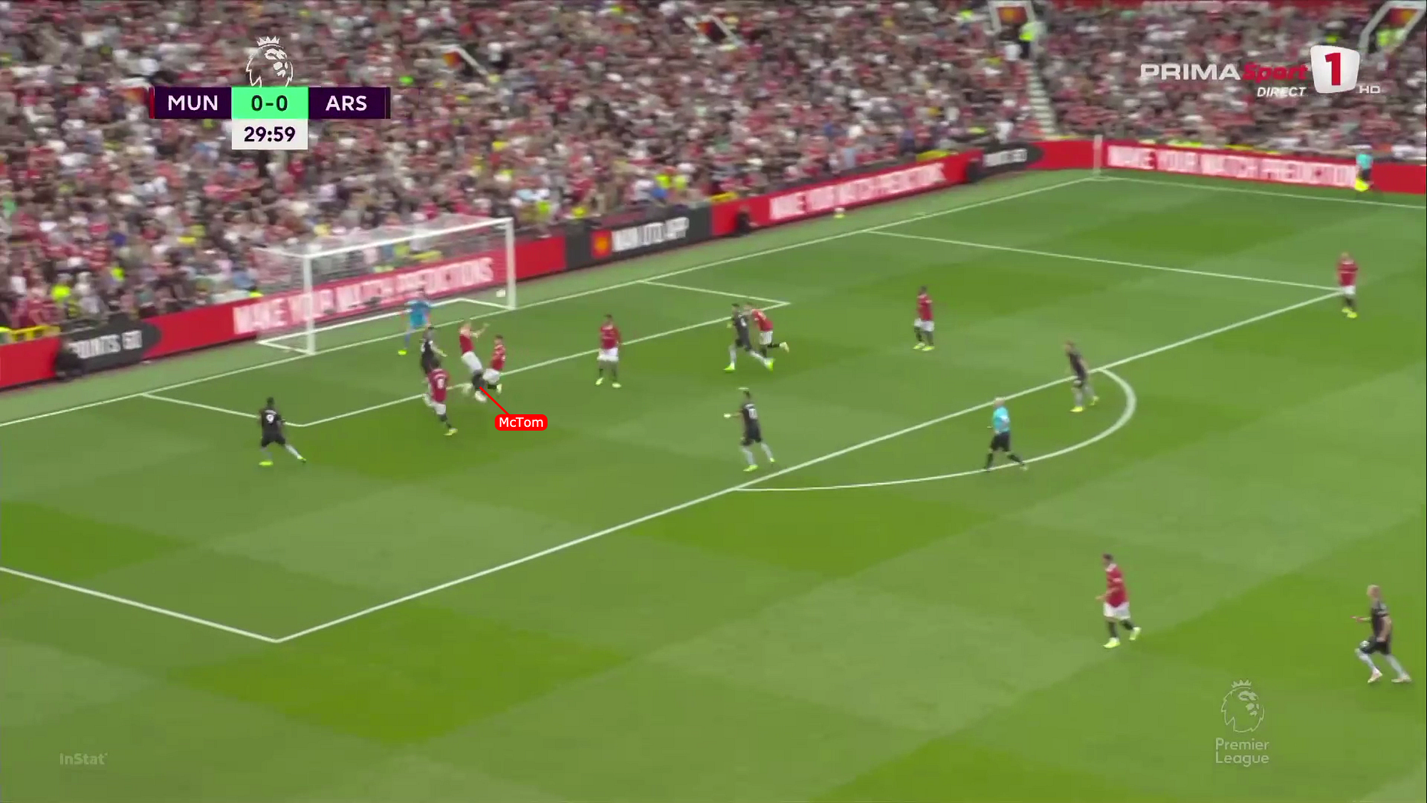 McTominay winning a header behind Varane