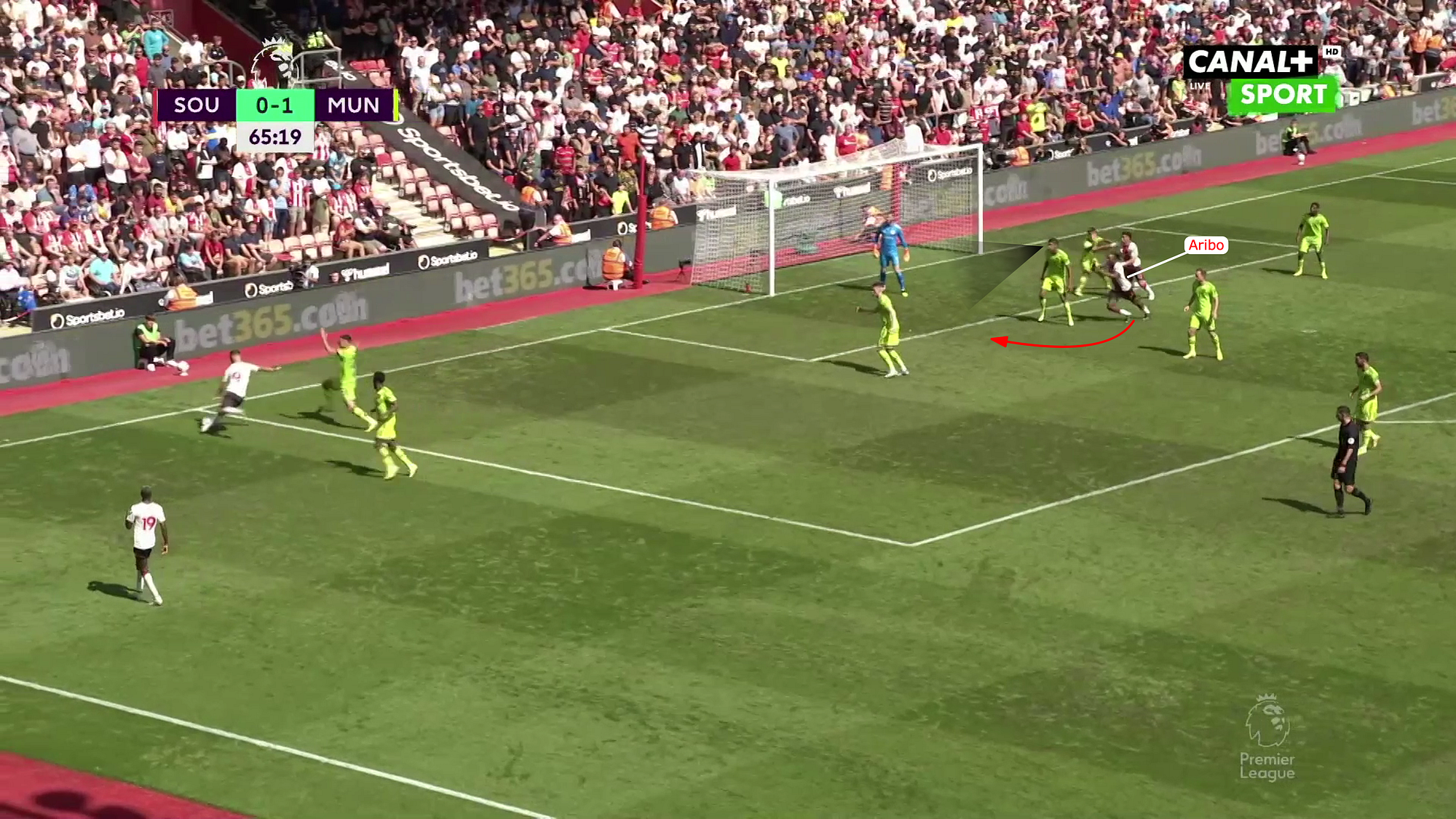 Varane following the ball with a closed body position, Aribo in his blind side
