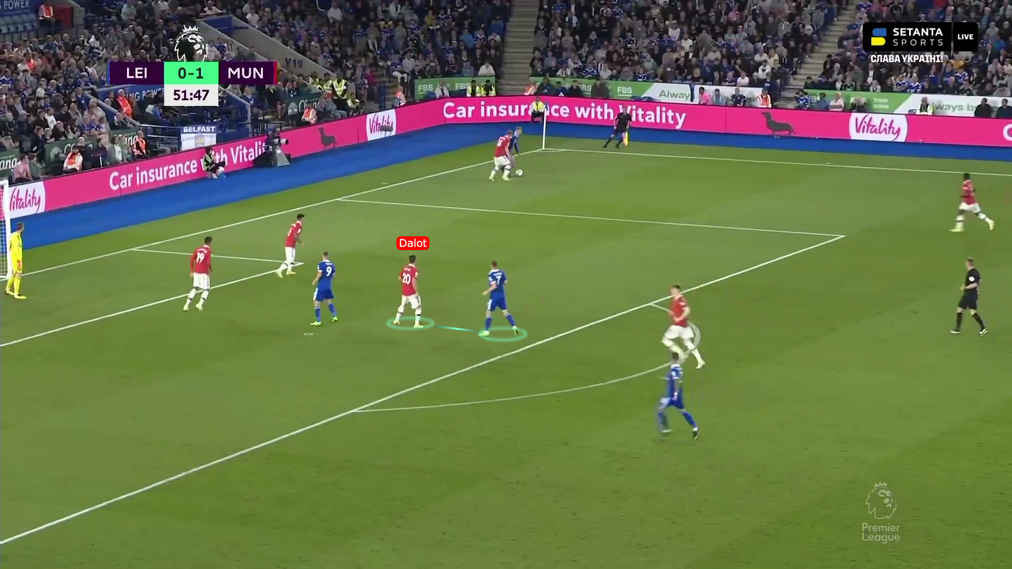 Dalot man-marking a Leicester attacker